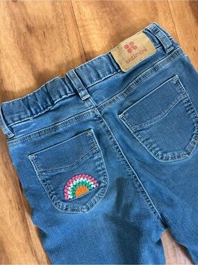 Catimini Blue Denim Jeans with Colorful Crocheted Rainbow Patch